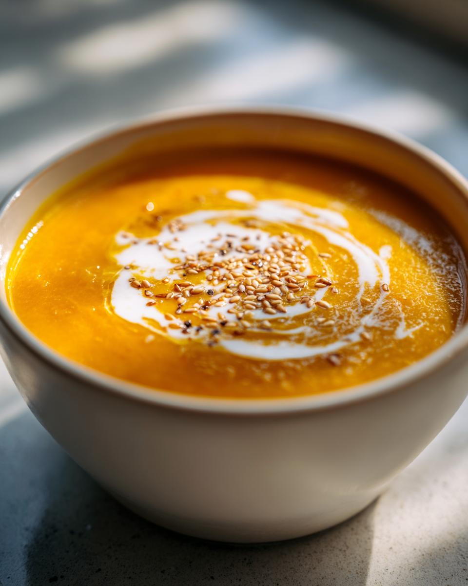 Close-up of a bowl of vibrant orange creamy pumpkin soup, swirled with cream and topped with toasted sesame seeds.