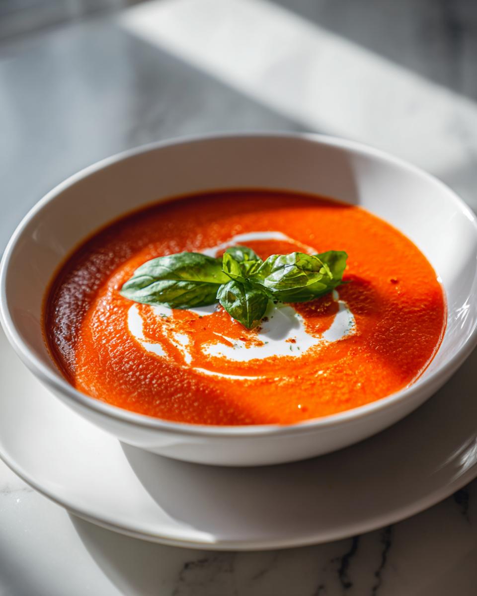 A bowl of vibrant creamy tomato soup topped with a swirl of cream and fresh basil leaves.