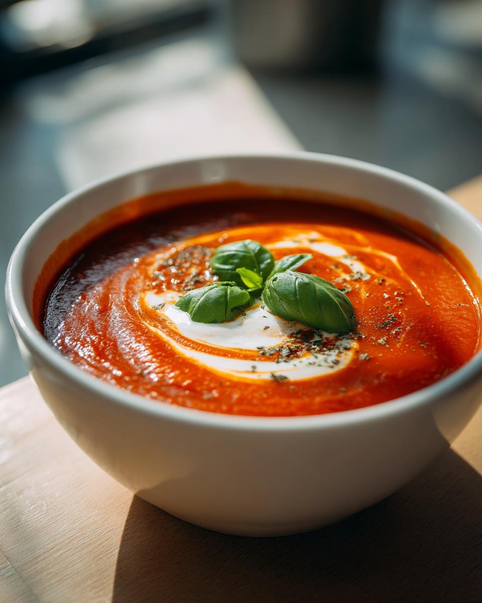 A close-up of a white bowl filled with vibrant, creamy tomato soup, swirled with cream and garnished with fresh basil leaves.