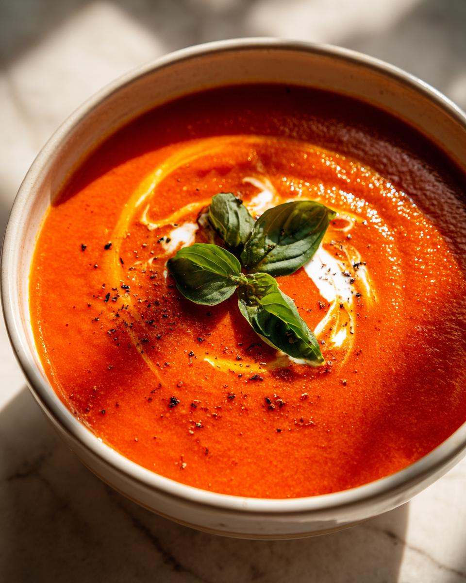 A close-up of a bowl of creamy tomato soup, swirled with cream and topped with fresh basil leaves and cracked black pepper.