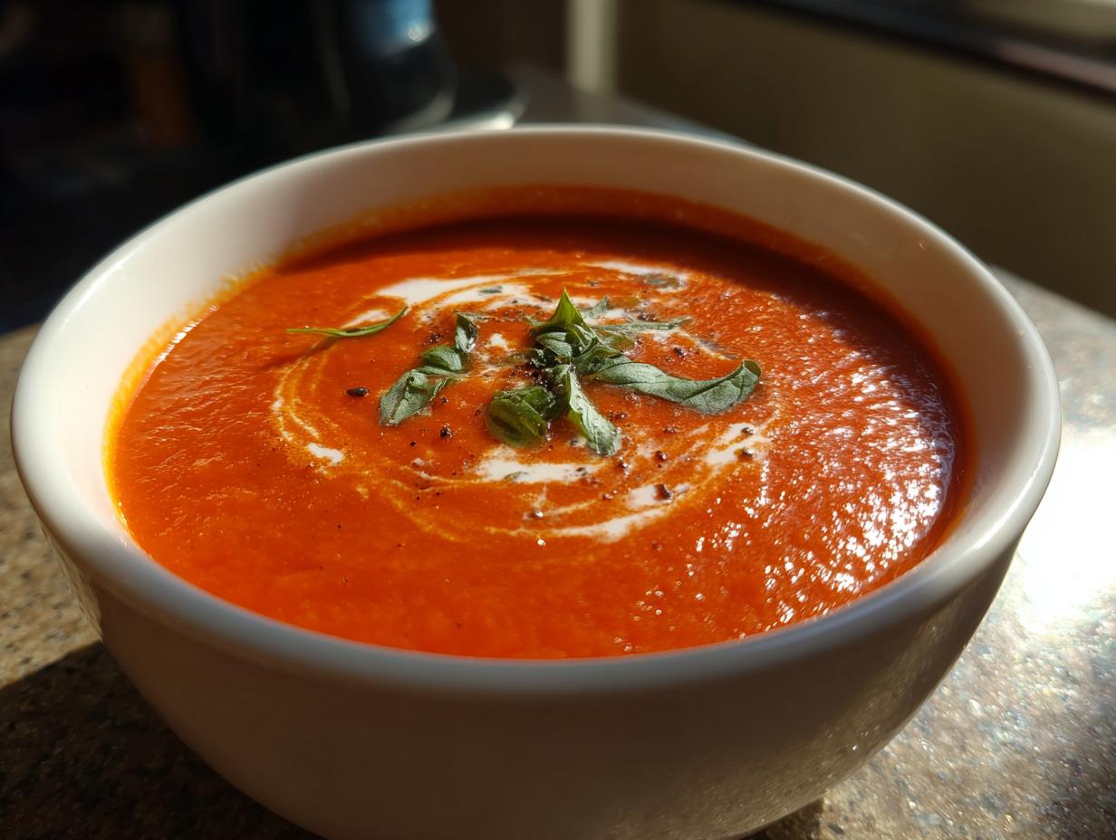 A close-up of a white bowl filled with rich, creamy tomato soup, swirled with cream and topped with fresh basil leaves and black pepper.