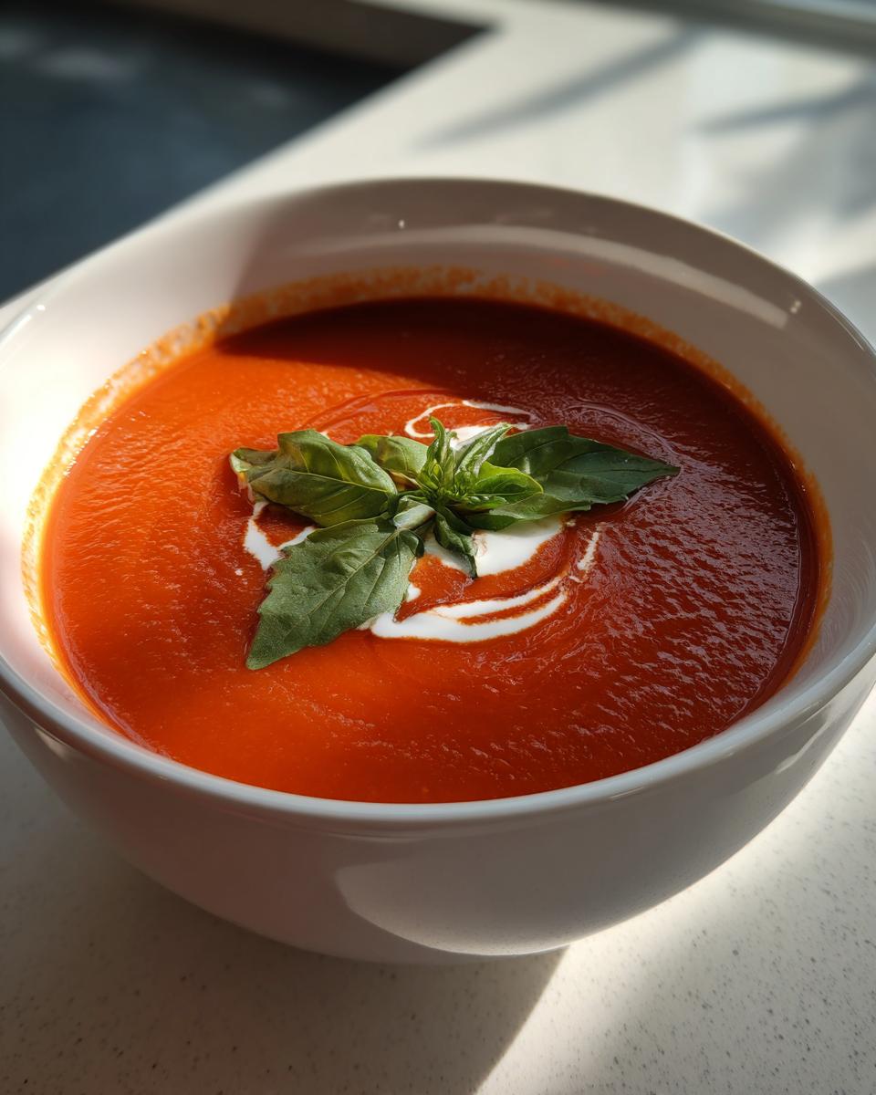 A bowl of vibrant creamy tomato soup topped with a swirl of cream and fresh basil leaves.