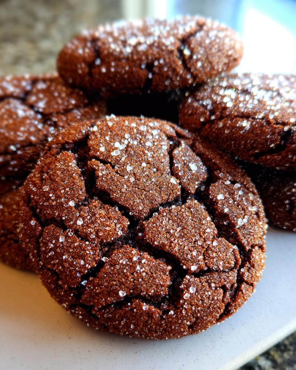 Close-up of rich, dark brown ginger molasses cookies covered in sparkling coarse sugar crystals.