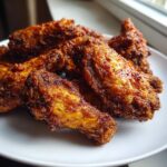 Close-up of several perfectly crispy, golden brown chicken wings piled on a white plate.