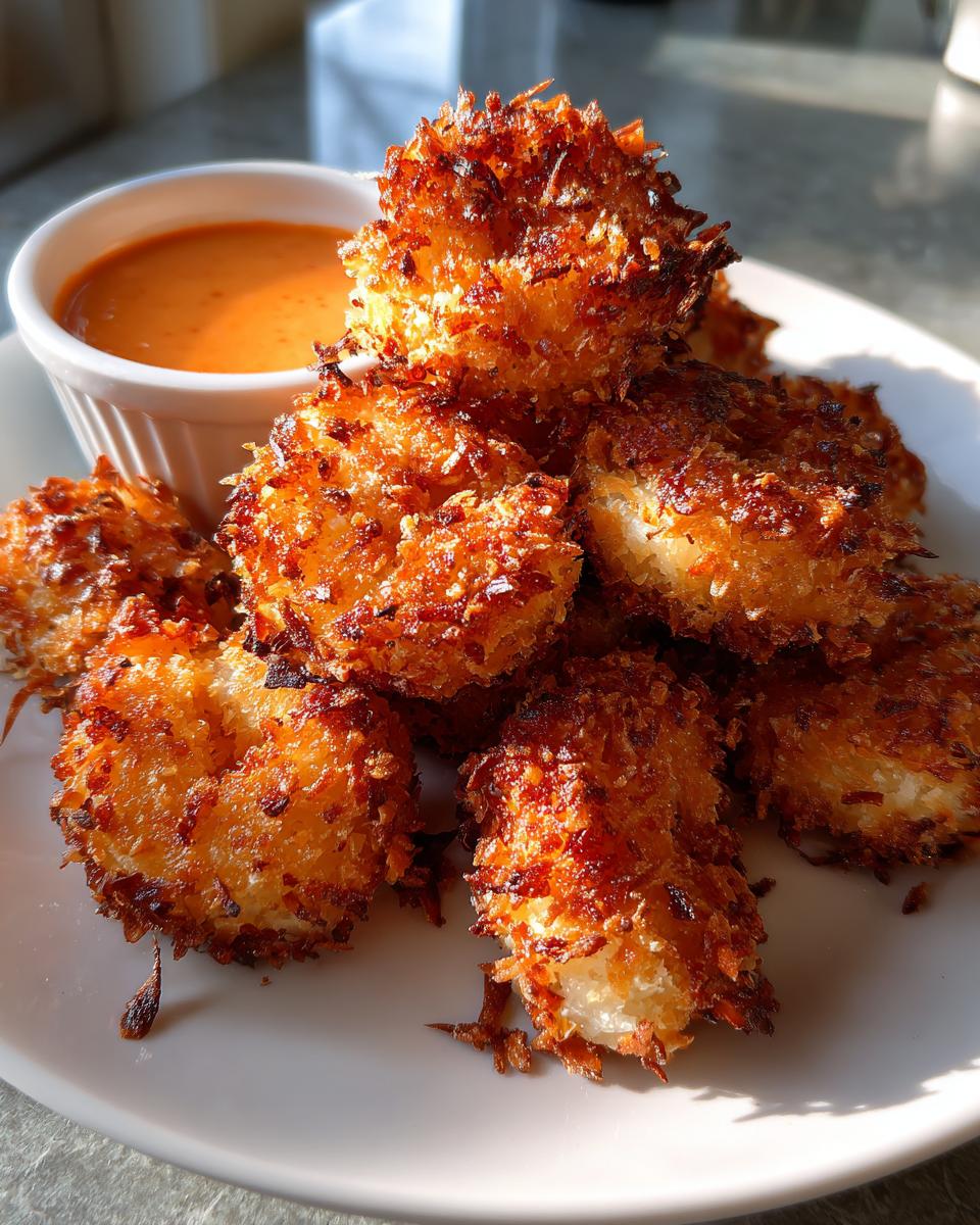 A pile of golden brown, crispy coconut shrimp served on a white plate next to a small bowl of orange dipping sauce.