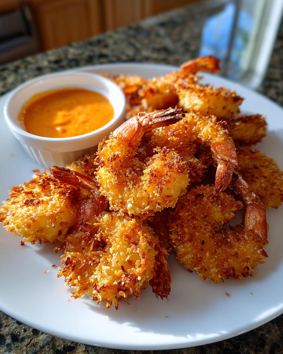 A plate piled high with golden brown, crispy coconut shrimp served alongside a small white bowl of orange dipping sauce.
