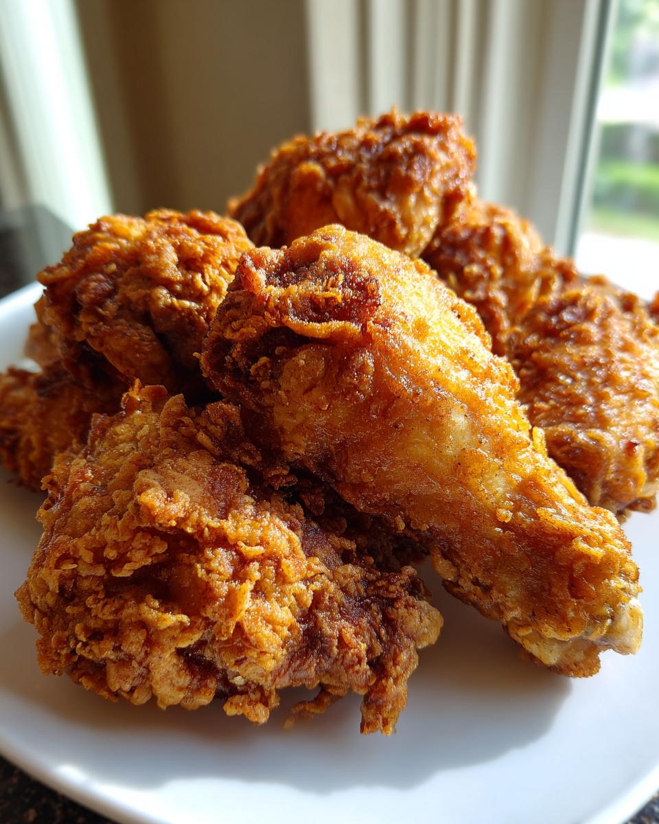 Close-up of a pile of golden-brown, crispy fried chicken wings stacked on a white plate.