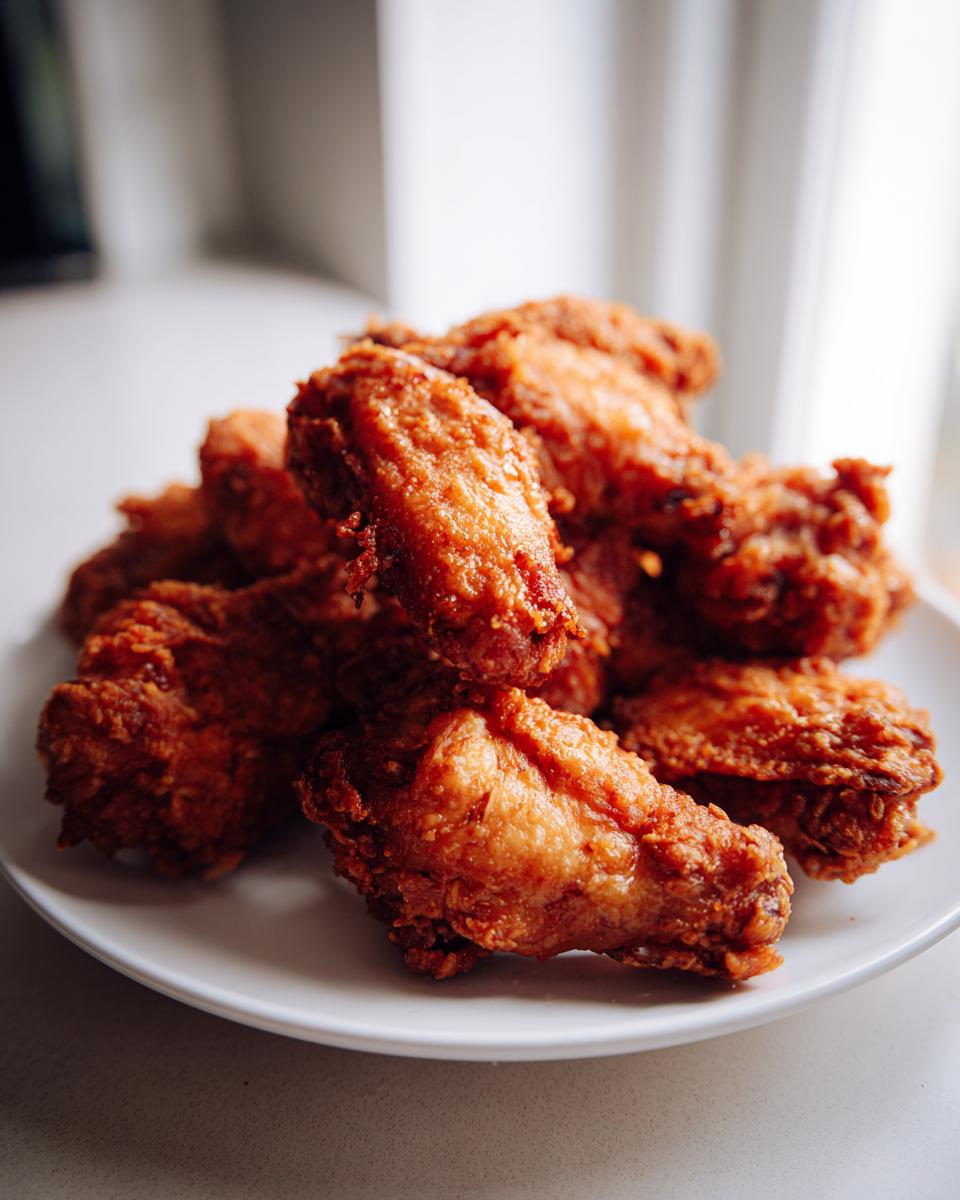 A close-up of a pile of golden brown, crispy fried chicken wings served on a white plate.