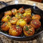 Golden brown crispy garlic skillet potatoes seasoned with herbs, served in a black cast iron pan.
