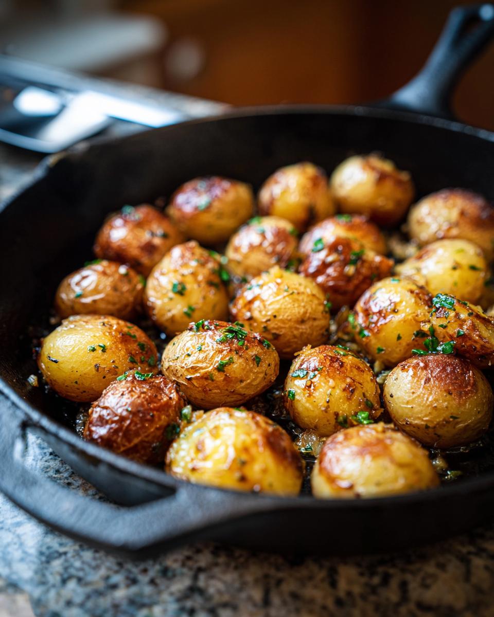 Close-up of golden brown crispy garlic skillet potatoes, seasoned with herbs, in a cast iron pan.