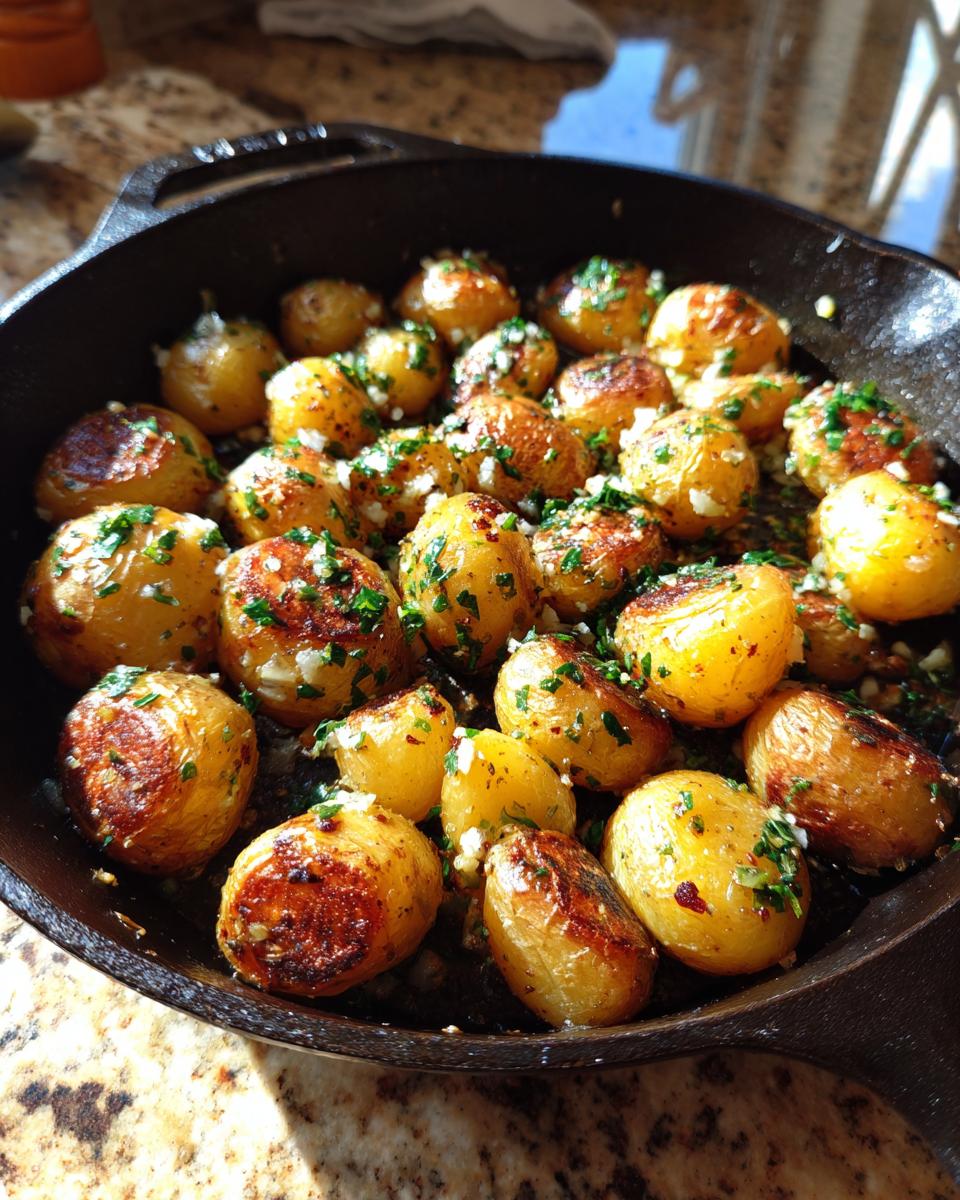 Close-up of golden-brown crispy garlic skillet potatoes, seasoned with fresh parsley, in a cast iron pan.