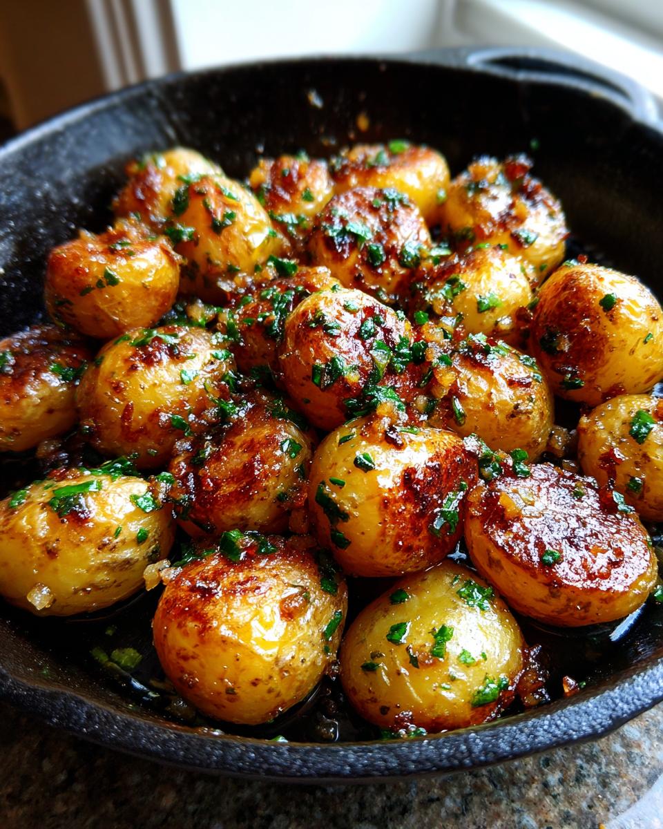 Close-up of golden brown crispy garlic skillet potatoes, glistening with sauce and sprinkled with fresh parsley, in a cast iron pan.