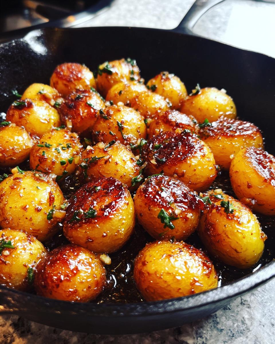 Close-up of golden brown crispy garlic skillet potatoes seasoned with herbs in a cast iron pan.
