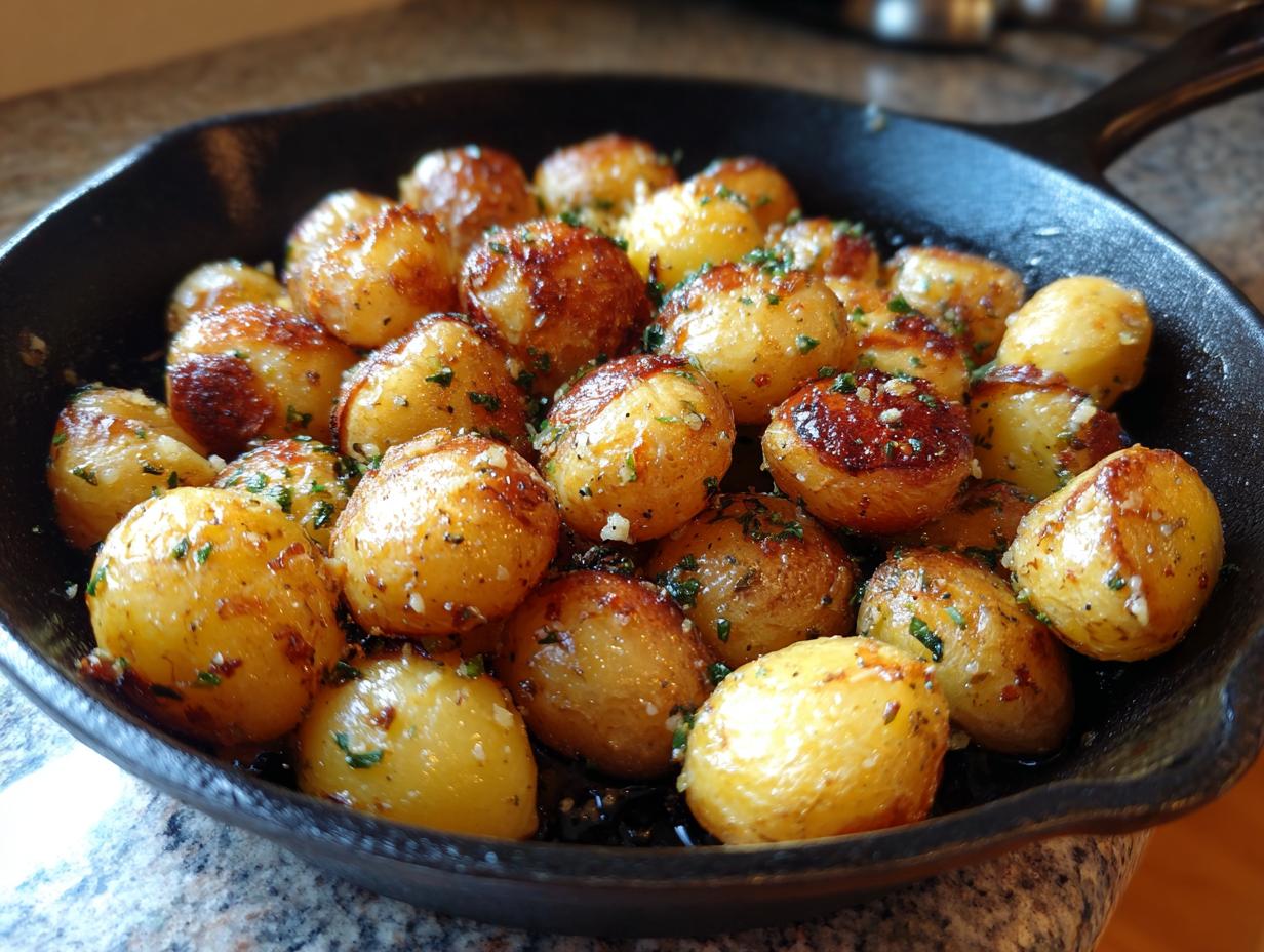 A close-up shot of golden brown, crispy garlic skillet potatoes seasoned with herbs in a black cast iron pan.