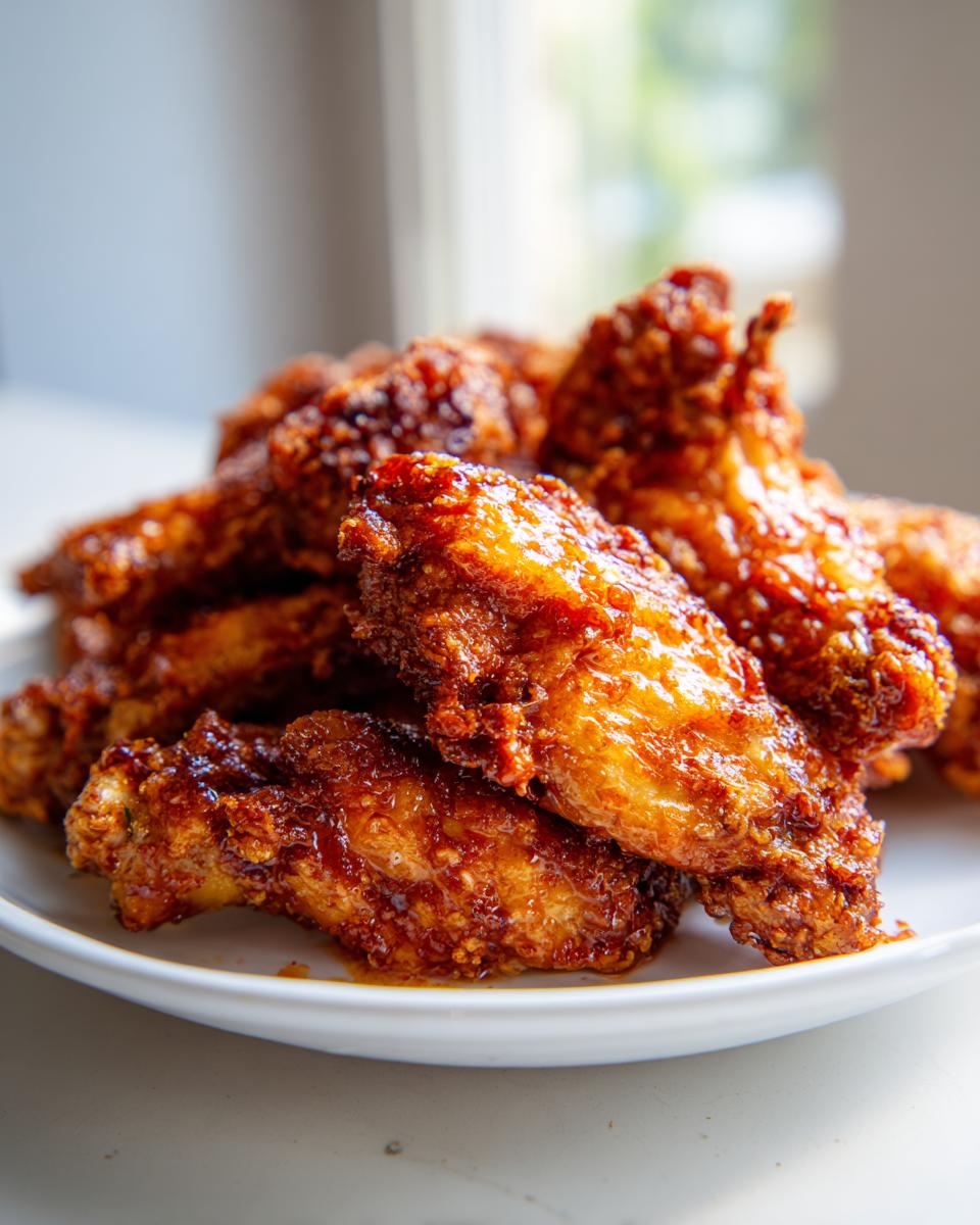 Close-up of several crispy, glazed chicken wings piled on a white plate, showing a sticky, reddish-brown coating.