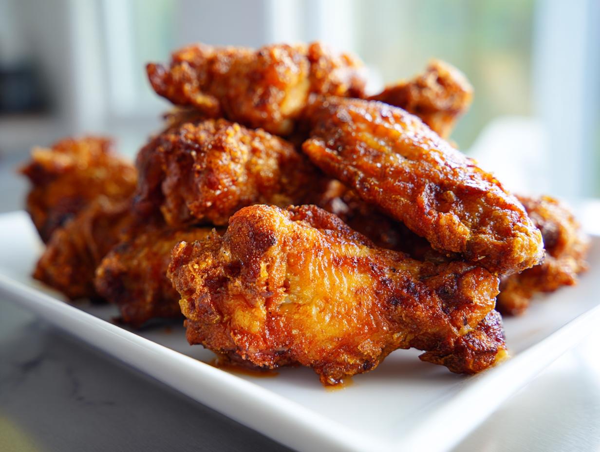 A close-up of a pile of perfectly crispy, golden-brown chicken wings served on a clean white rectangular plate.