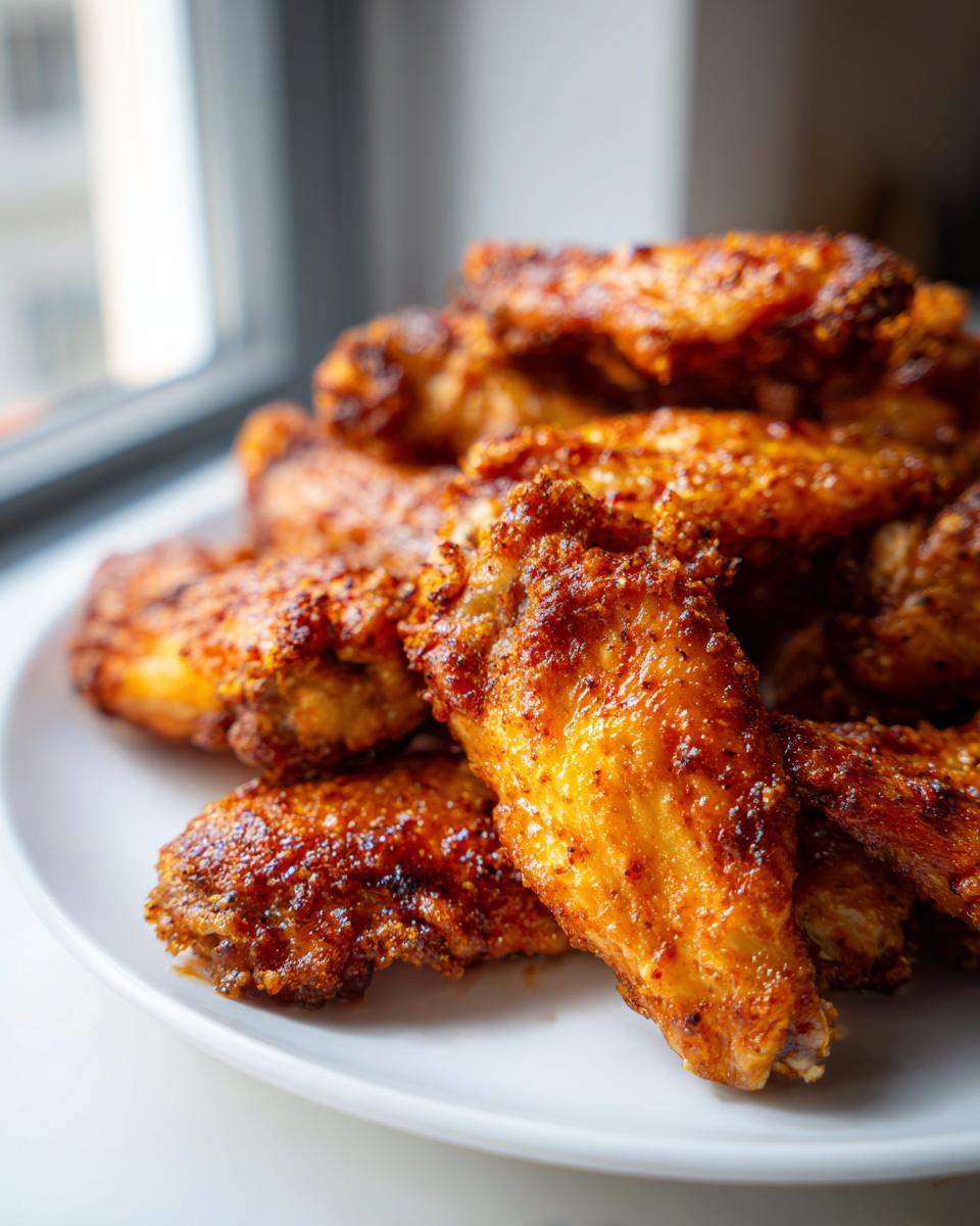 Close-up of a pile of perfectly crispy, seasoned chicken wings on a white plate near a window.