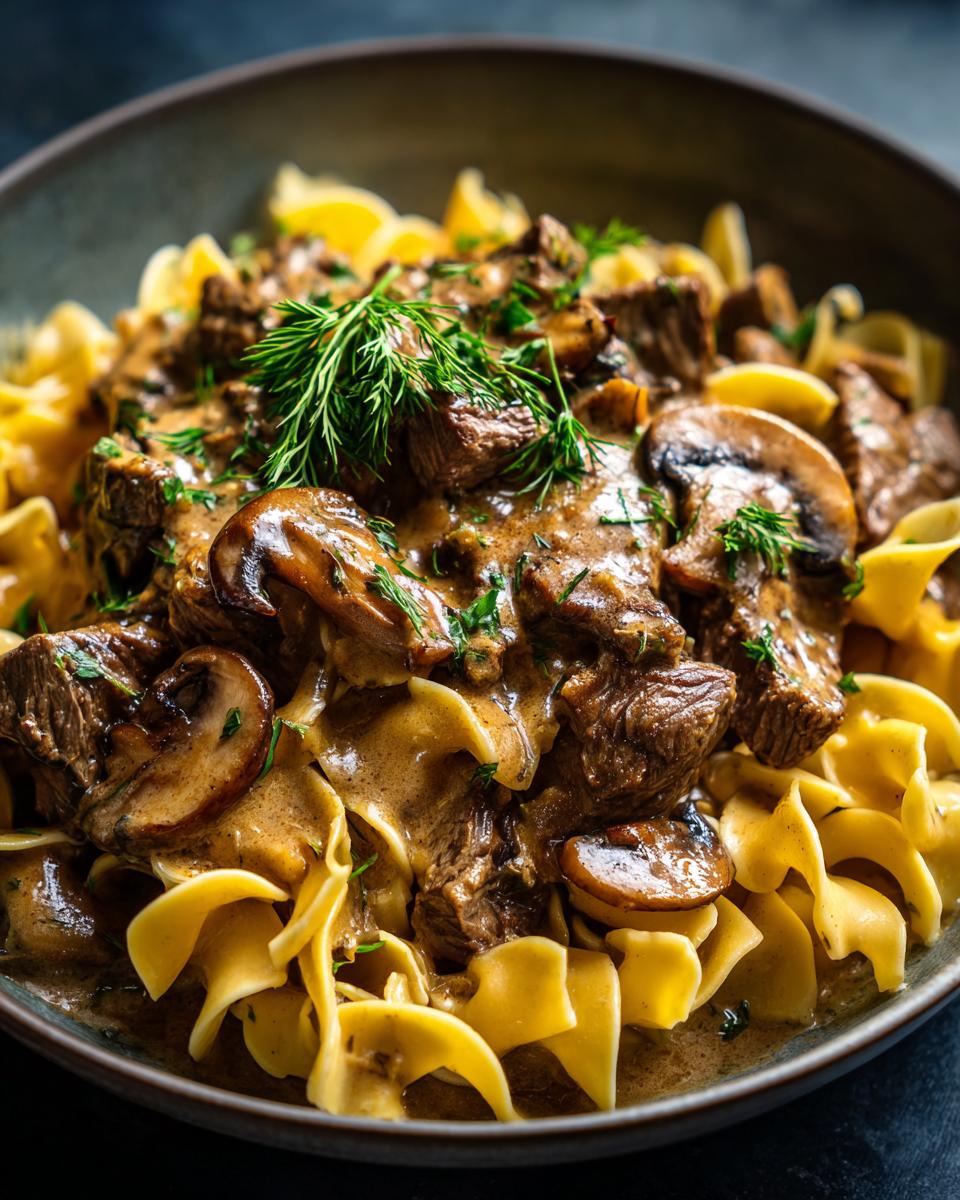 A close-up of Crock Pot Beef Stroganoff served over wide egg noodles, garnished with fresh dill.