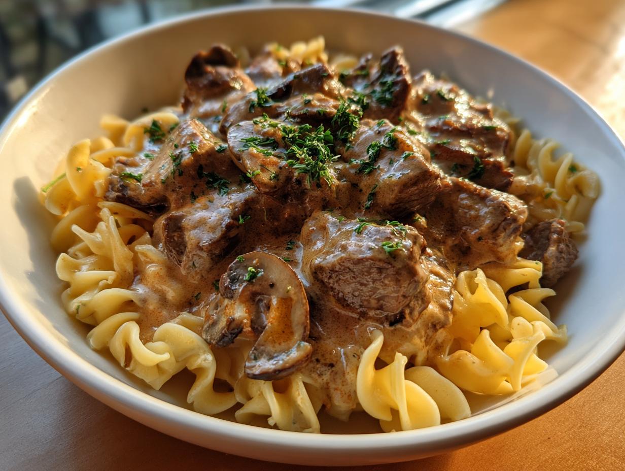 A close-up of a white bowl filled with Crock Pot Beef Stroganoff served over egg noodles, garnished with parsley.