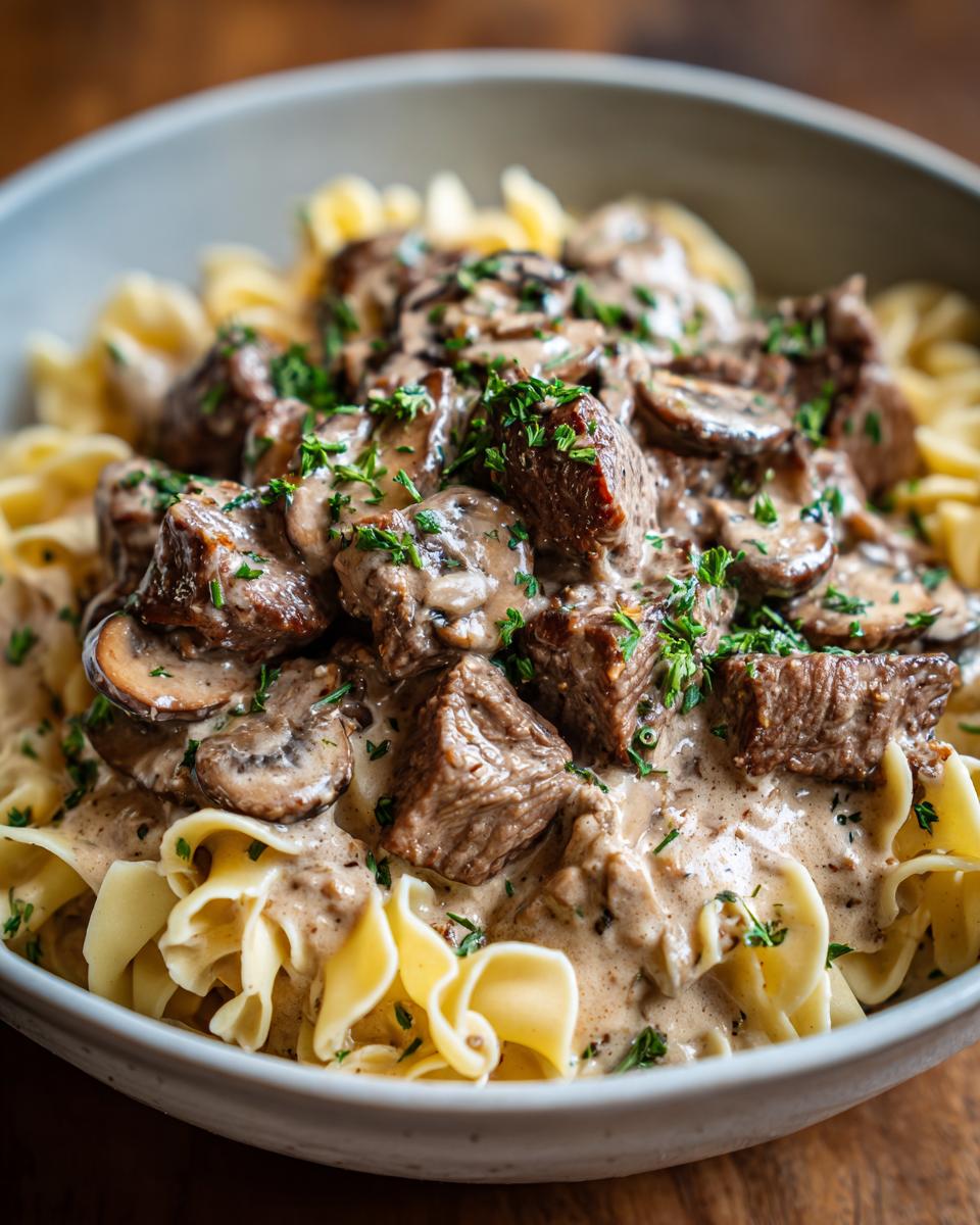 A hearty bowl of Crock Pot Beef Stroganoff served over egg noodles, topped with mushrooms and parsley.