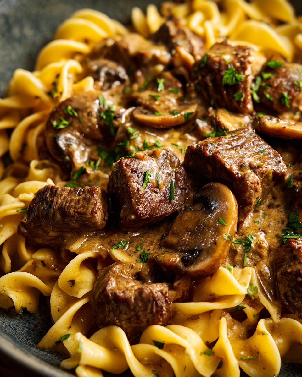 Close-up of Crock Pot Beef Stroganoff served over egg noodles, garnished with fresh parsley.