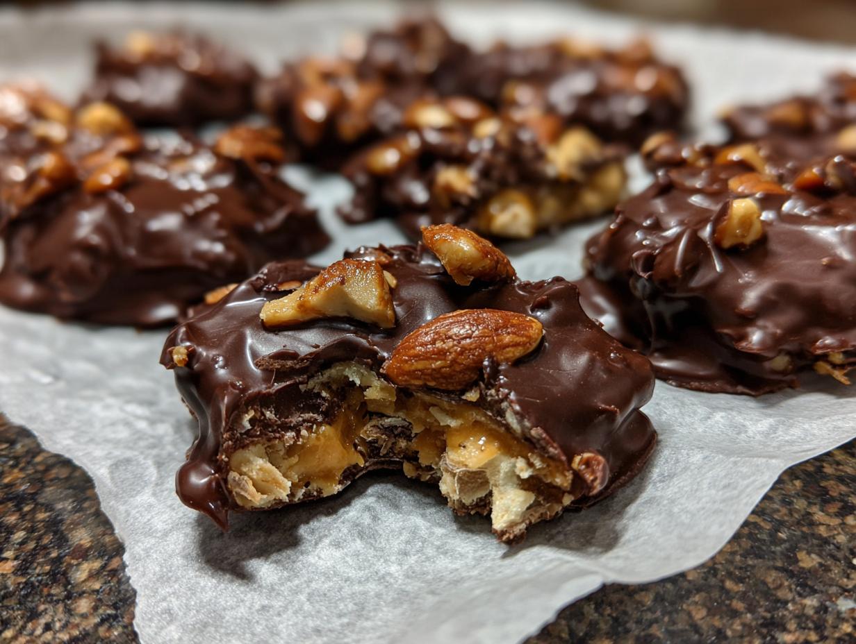 Close-up of a piece of Crockpot candy, showing the layers of chocolate, caramel, and nuts, with almonds on top.