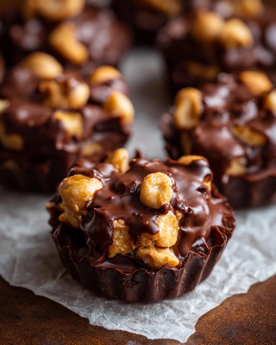 Close-up of a homemade Crockpot candy cluster, featuring a rich chocolate shell filled with crunchy peanuts.