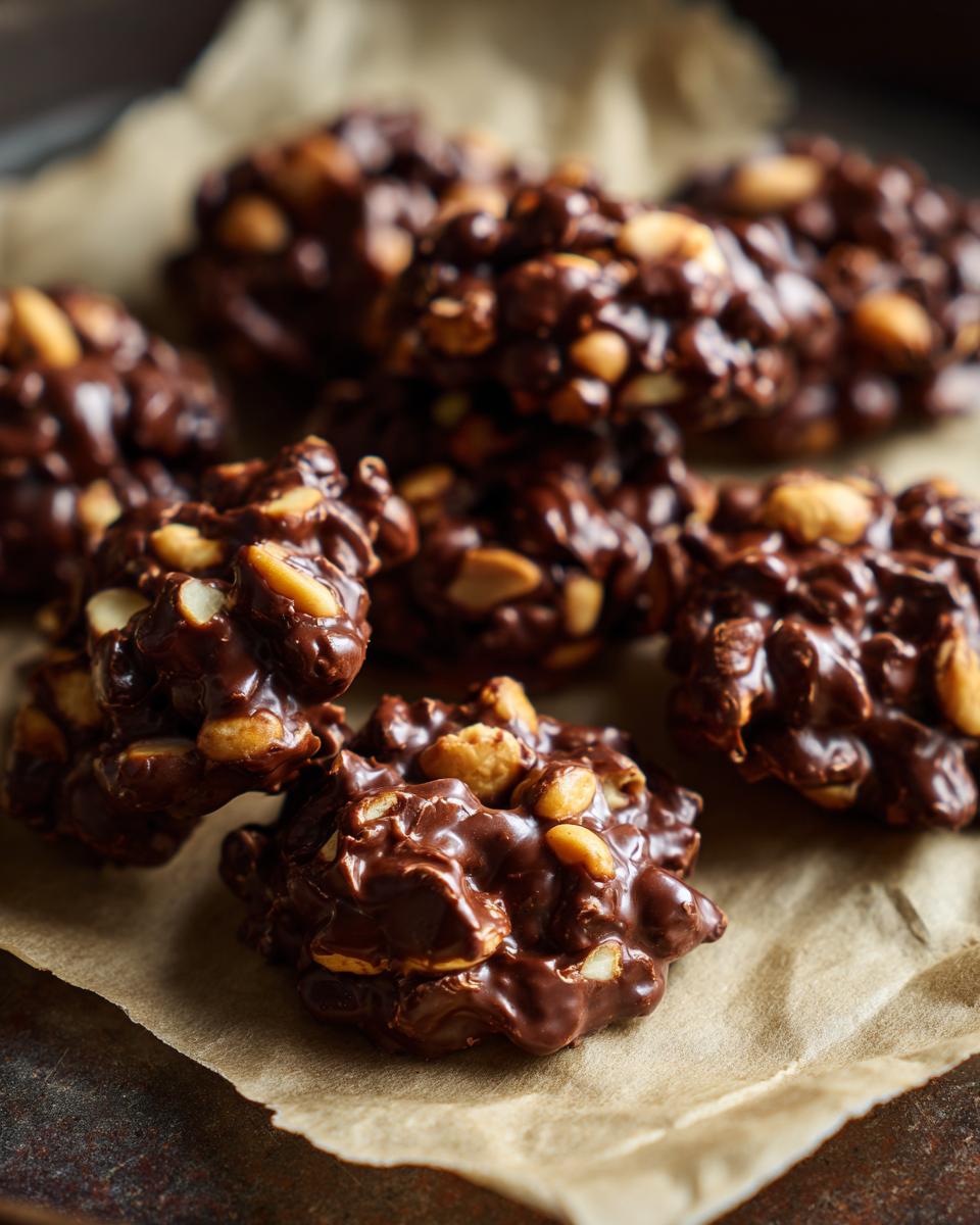 A close-up of several clusters of Crockpot candy made with chocolate and peanuts, resting on parchment paper.