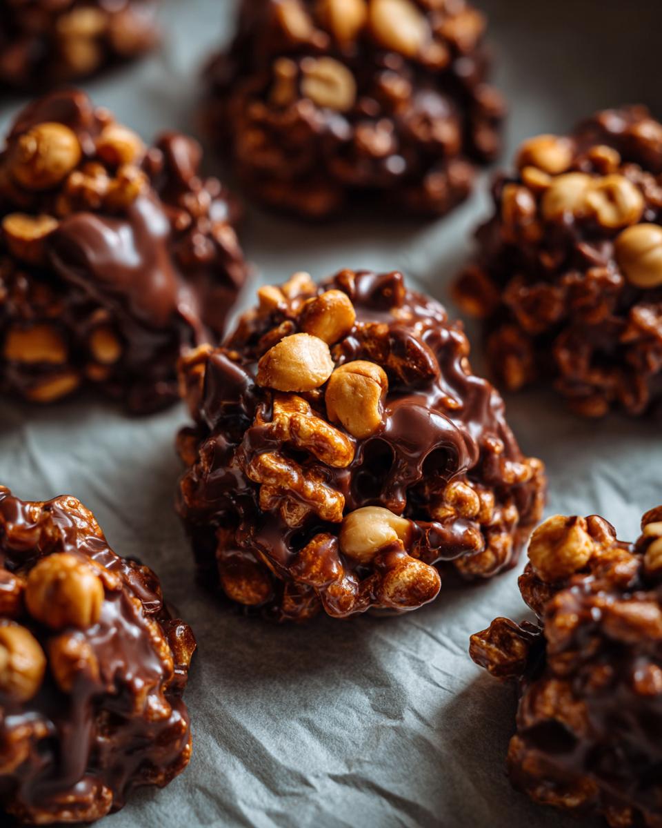 Close-up of homemade Crockpot candy clusters, made with chocolate, peanuts, and crispy cereal.