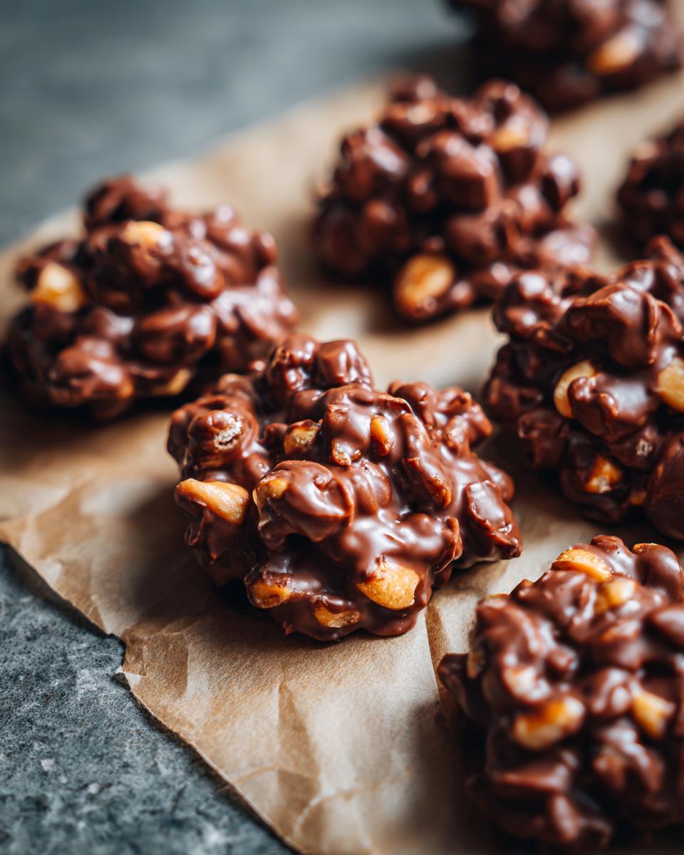 Close-up of homemade Crockpot candy clusters made with chocolate and peanuts, arranged on parchment paper.