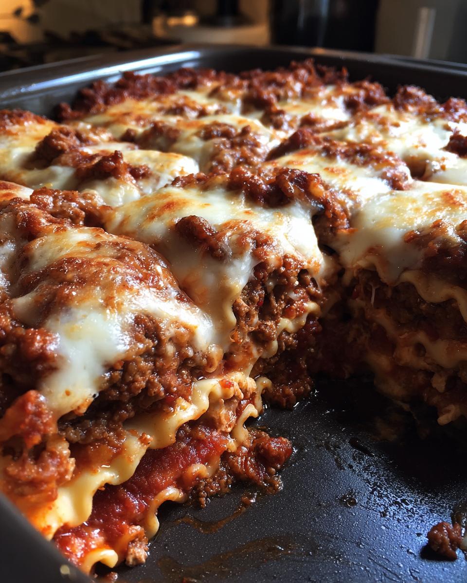 A close-up of a freshly baked Crockpot ravioli lasagna in a baking dish, showing layers of pasta, meat sauce, and melted cheese.