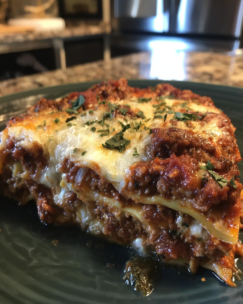 A generous slice of Crockpot ravioli lasagna, featuring layers of pasta, rich meat sauce, and melted cheese, garnished with parsley.