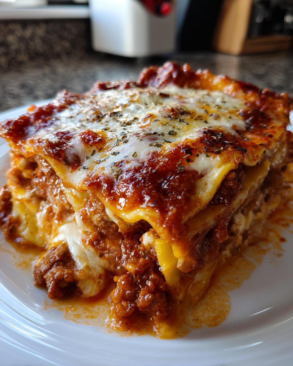 Close-up of a hearty slice of Crockpot ravioli lasagna with melted cheese and rich meat sauce.
