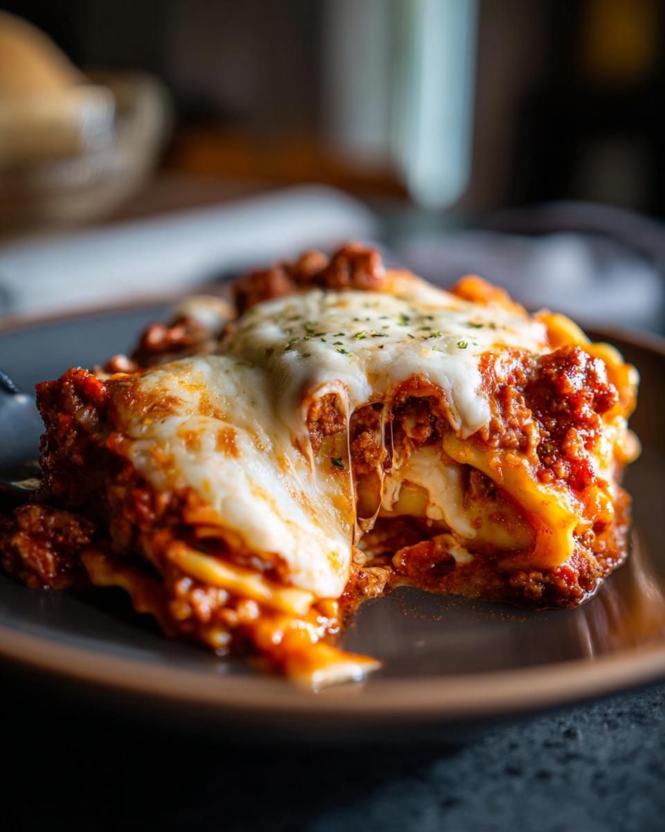 A delicious slice of Crockpot ravioli lasagna, featuring layers of pasta, meat sauce, and gooey melted cheese.