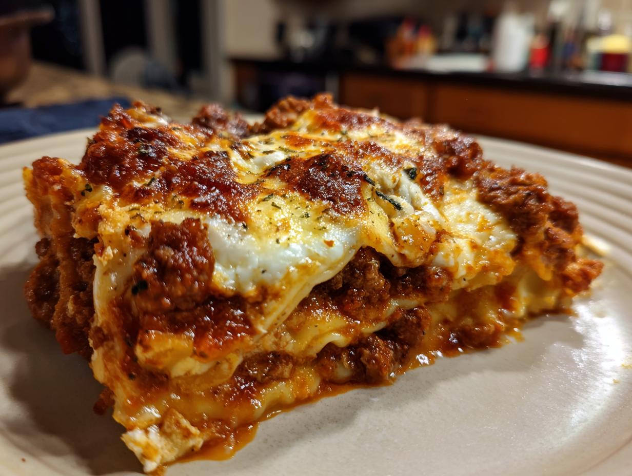 A close-up of a hearty slice of Crockpot ravioli lasagna, featuring layers of pasta, rich meat sauce, and melted cheese.