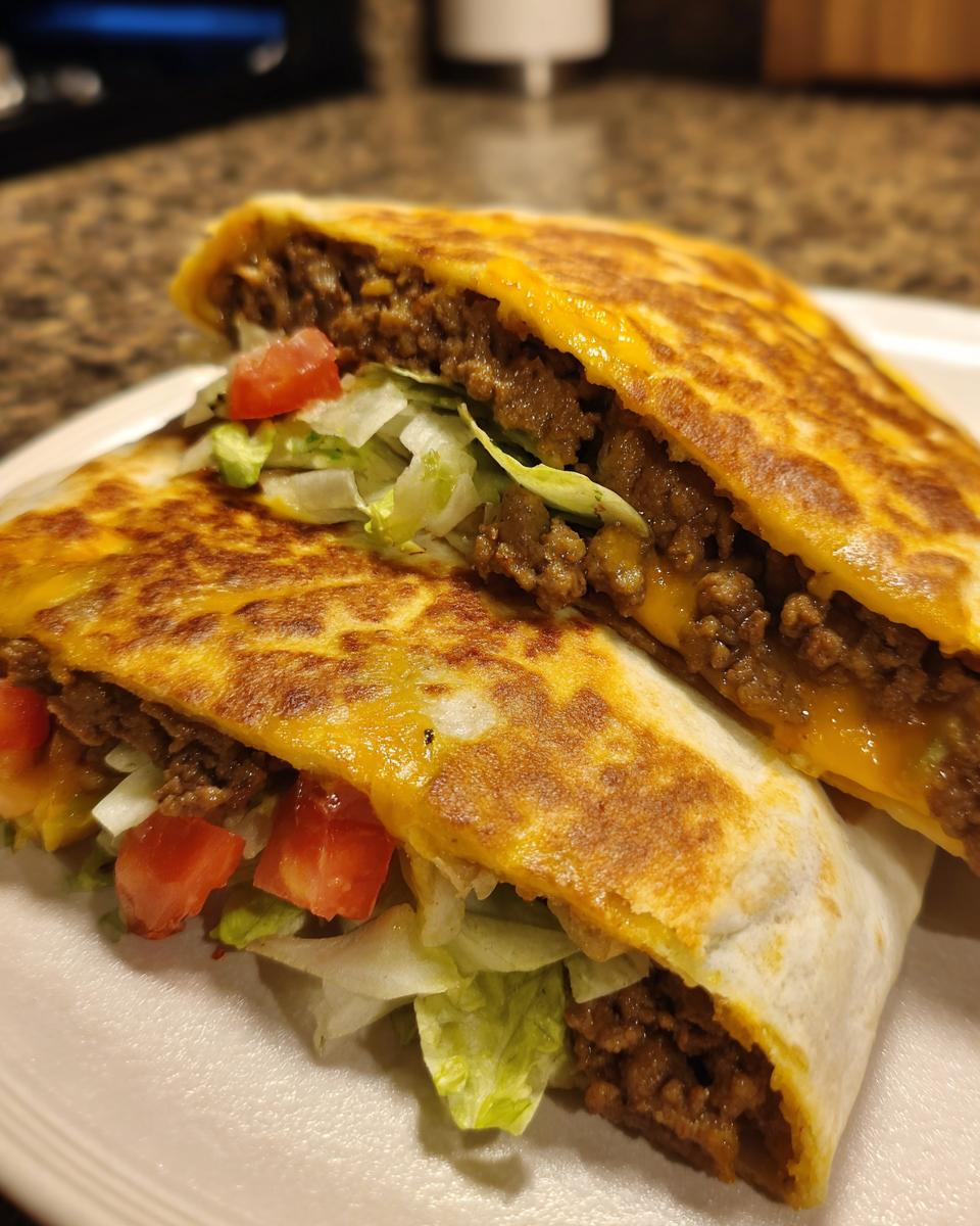 A close-up of a Crunchwrap Supreme copycat, cut in half, revealing seasoned ground beef, melted cheese, shredded lettuce, and diced tomatoes.