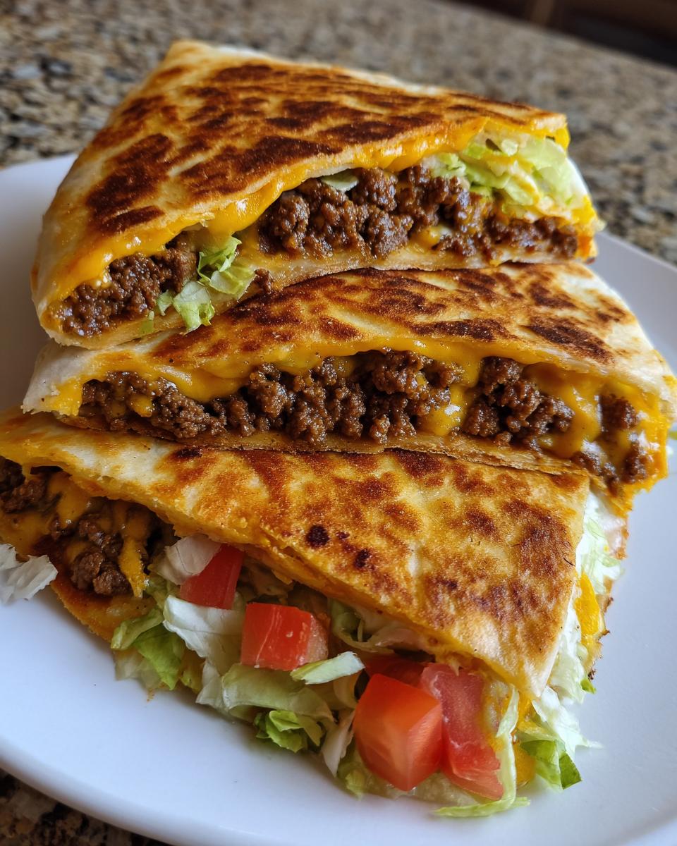 A close-up of a Crunchwrap Supreme copycat, cut in half, revealing layers of seasoned ground beef, melted cheese, lettuce, and tomatoes.