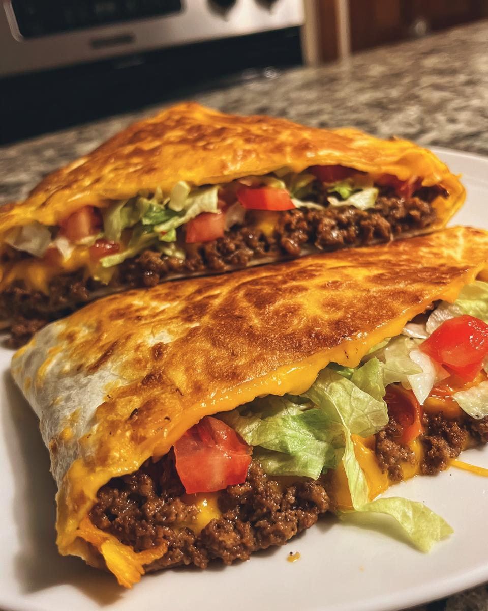 Two halves of a Crunchwrap Supreme copycat recipe, showing seasoned ground beef, shredded lettuce, diced tomatoes, and melted cheese.