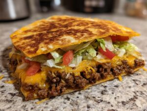 A delicious Crunchwrap Supreme copycat recipe, showing layers of seasoned ground beef, melted cheese, lettuce, and tomatoes.