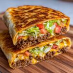 Two halves of a golden-brown Crunchwrap Supreme copycat, revealing seasoned ground beef, melted cheese, lettuce, and diced tomatoes.