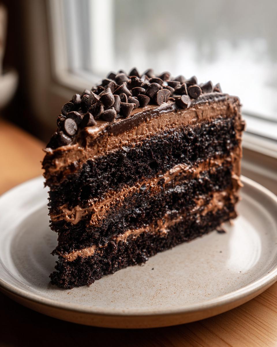 A decadent slice of Death by Chocolate Cake with rich chocolate frosting and chocolate chips.