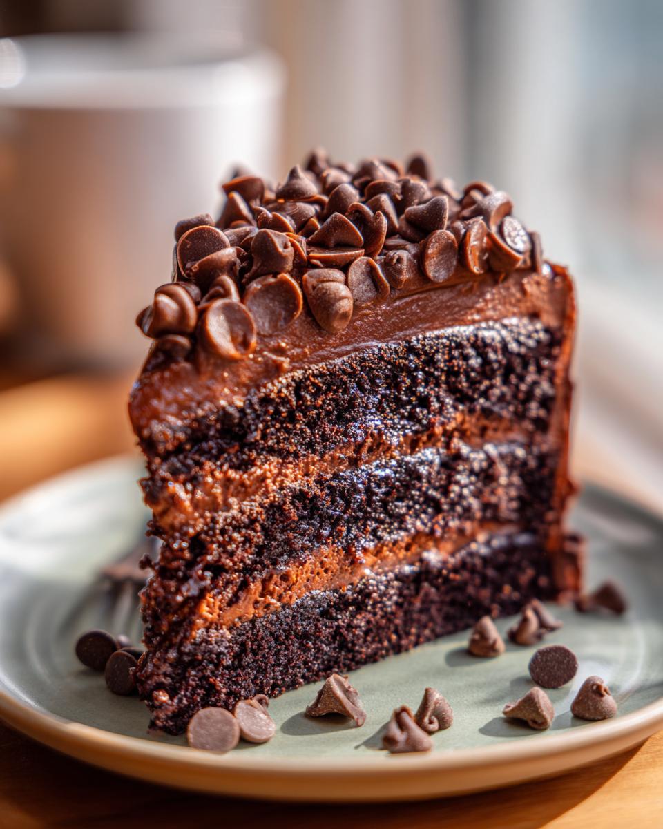 A rich slice of Death by Chocolate Cake, layered with dark chocolate cake and frosting, topped with chocolate chips.