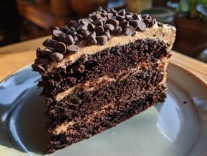 A rich slice of death by chocolate cake, layered with chocolate frosting and topped with chocolate chips.