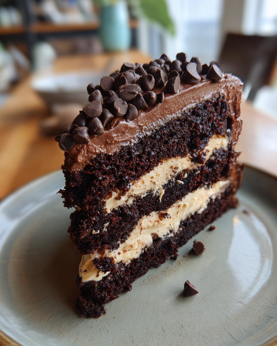 A rich slice of death by chocolate cake with layers of dark chocolate cake and creamy filling, topped with chocolate chips.