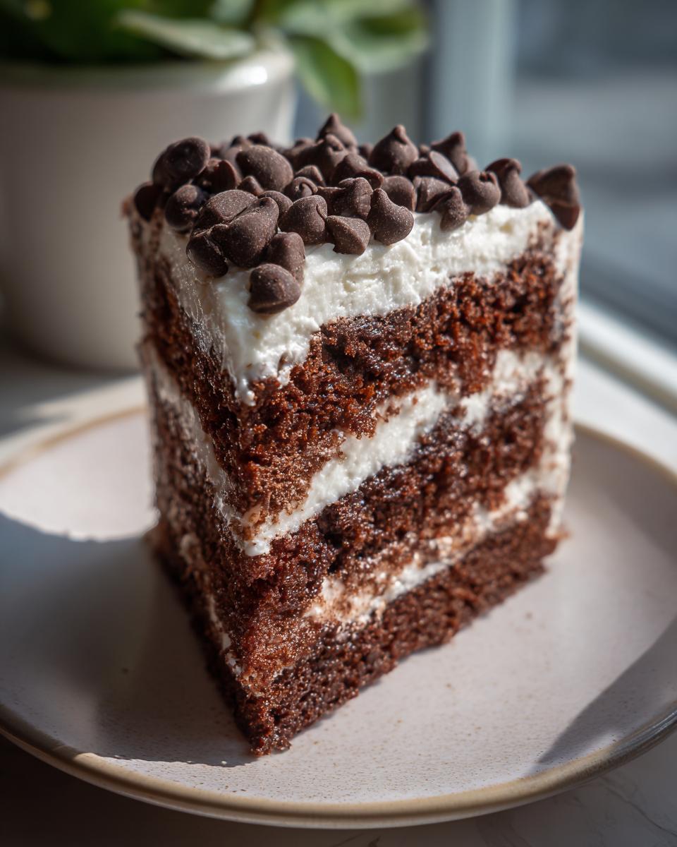 A rich slice of Death by Chocolate Cake, featuring layers of dark chocolate cake and white frosting, topped with chocolate chips.