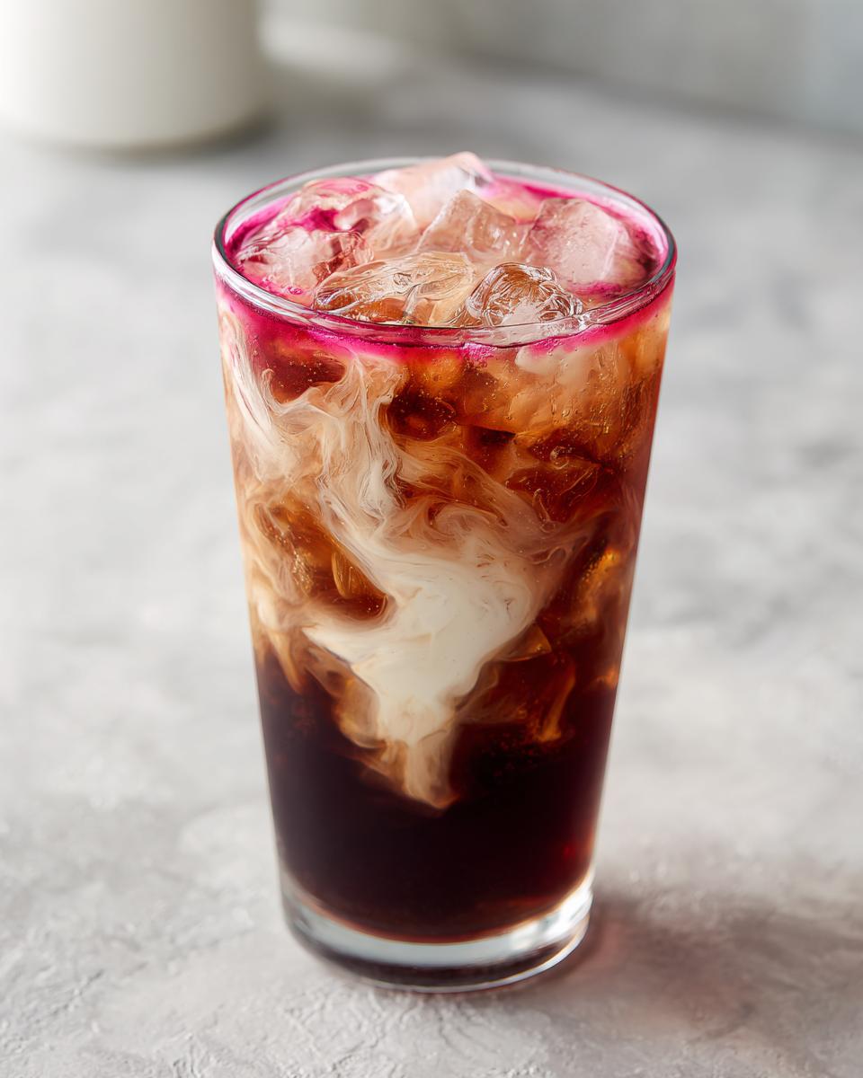 A tall glass filled with ice and a dark liquid, swirled with creamy white creamer, creating a beautiful dirty soda.