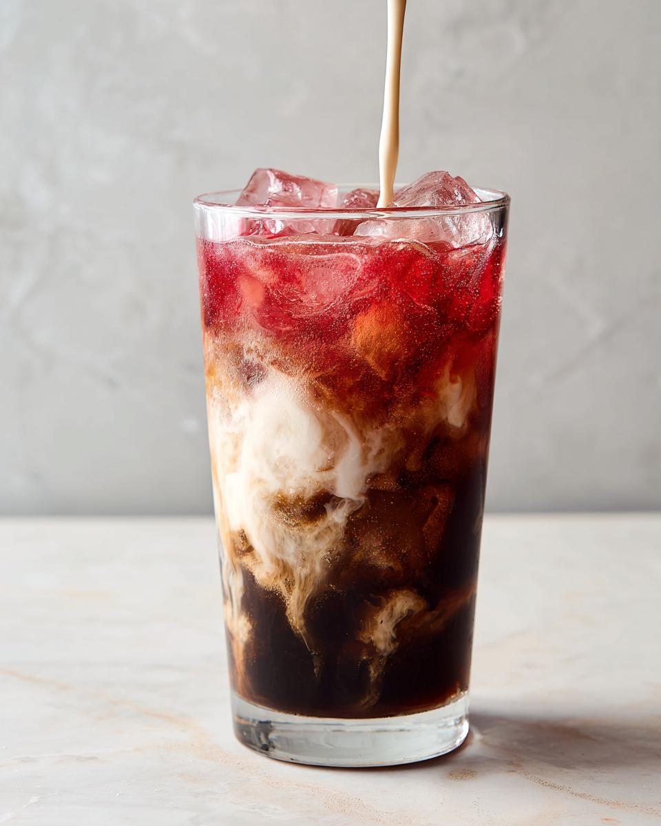 A tall glass of Dirty Soda with ice, red syrup, and cream being poured in, creating a beautiful swirl.