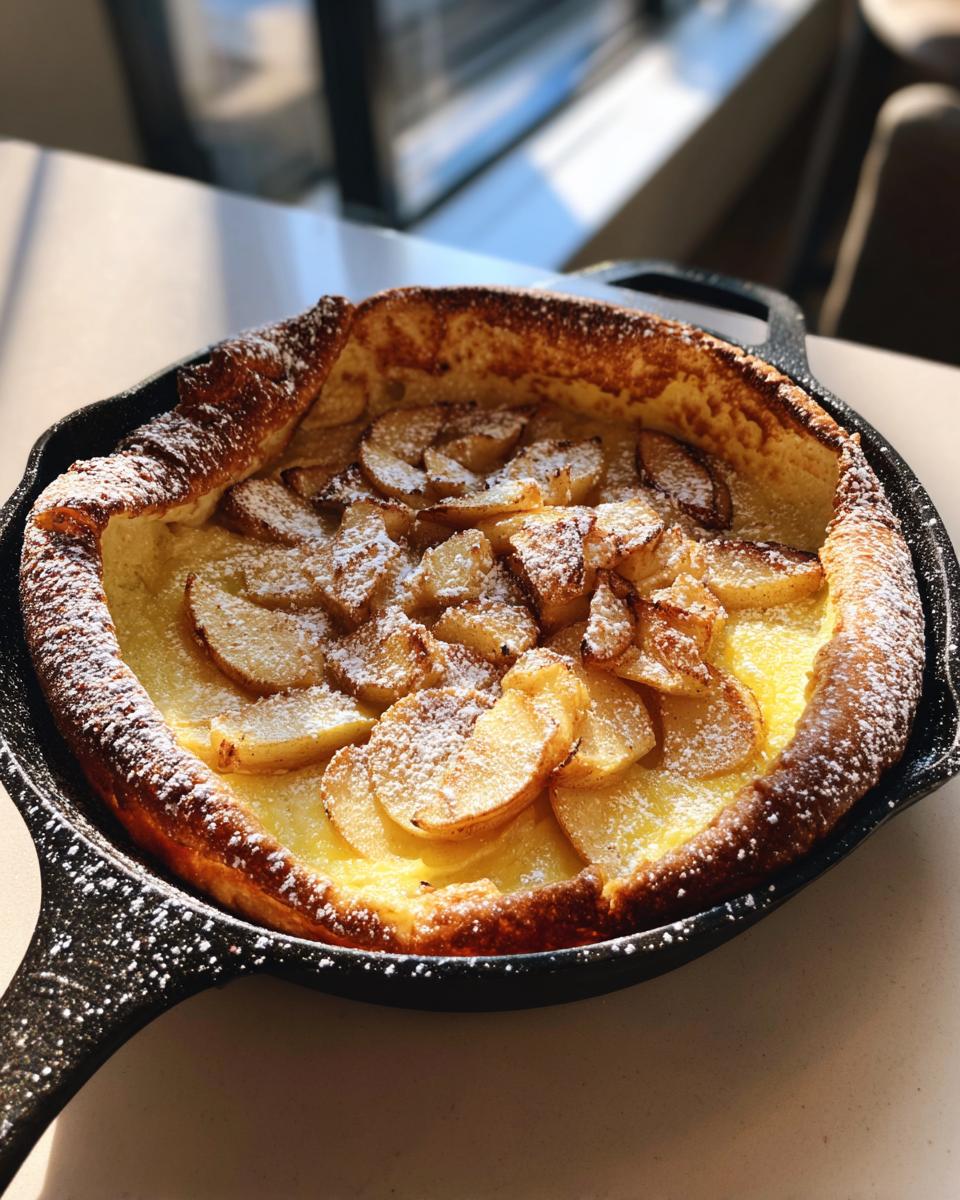 A golden-brown Dutch baby pancake with apples, baked in a cast-iron skillet and dusted with powdered sugar.