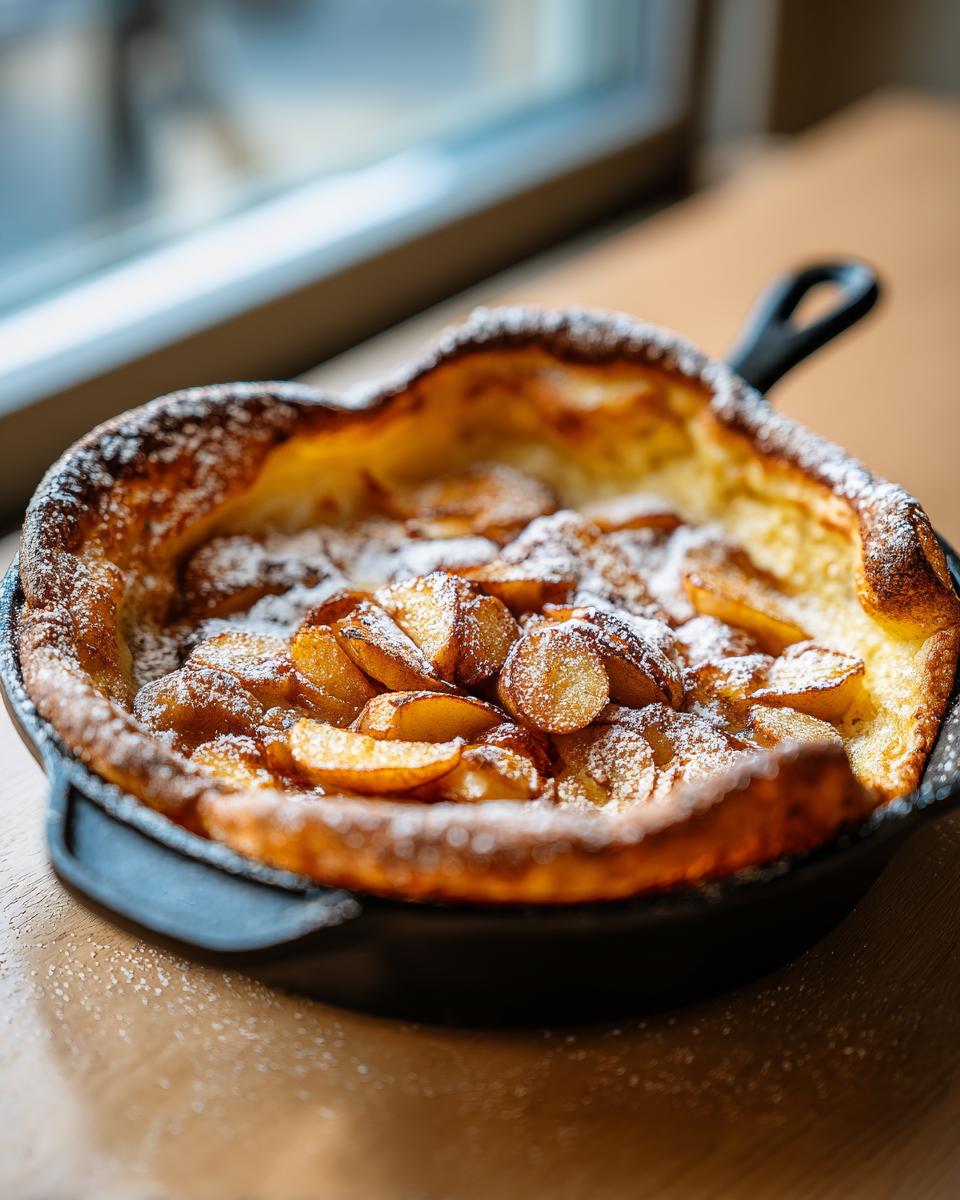 A warm Dutch baby pancake with apples, dusted with powdered sugar, served in a cast iron skillet.