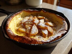 A freshly baked Dutch baby pancake with apples, dusted with powdered sugar, in a cast iron skillet.